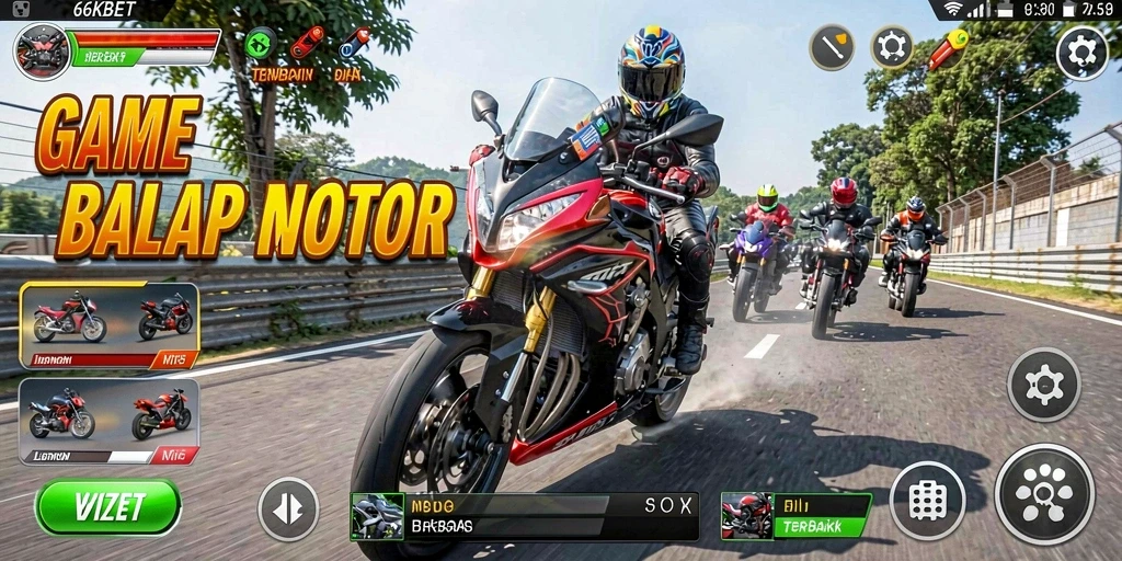 Tampilan gameplay seru 66KBET dengan balapan motor yang mendebarkan.
