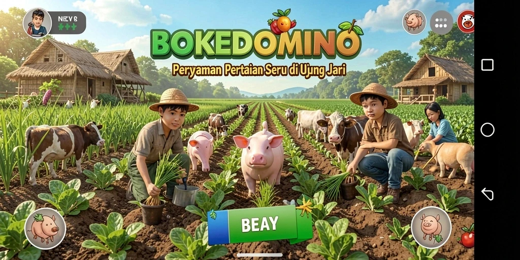 Screenshot gameplay BOKEDOMINO menampilkan petani yang sedang bercocok tanam.