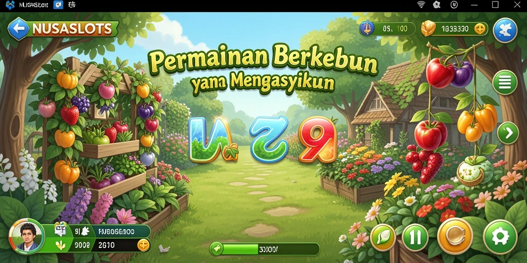 Tampilan gameplay NUSASLOTS dengan kebun yang subur dan karakter lucu.