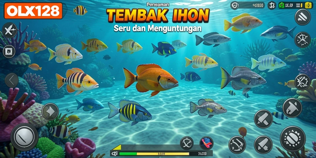 Screenshot OLX128 menampilkan aksi seru tembak ikan di lautan.