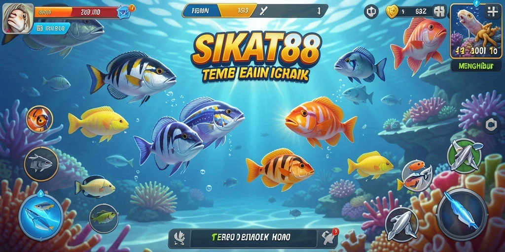 Tampilan gameplay SIKAT88 dengan ikan berwarna-warni yang menunggu untuk ditangkap.